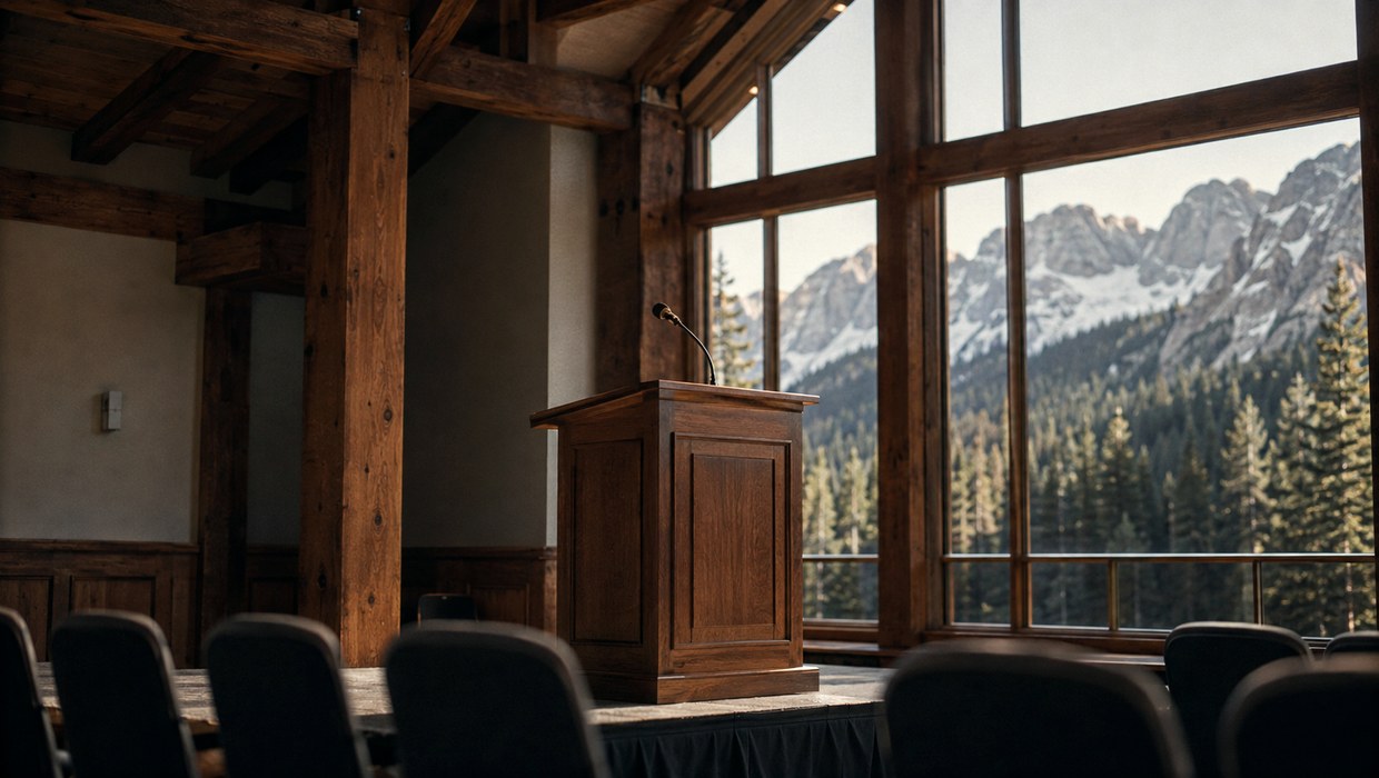 Empty lectern in a mountain lodge conference hall