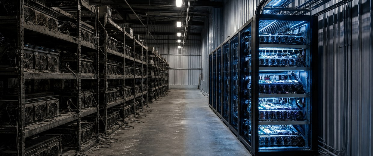 Dormant mining hardware beside a live GPU rack