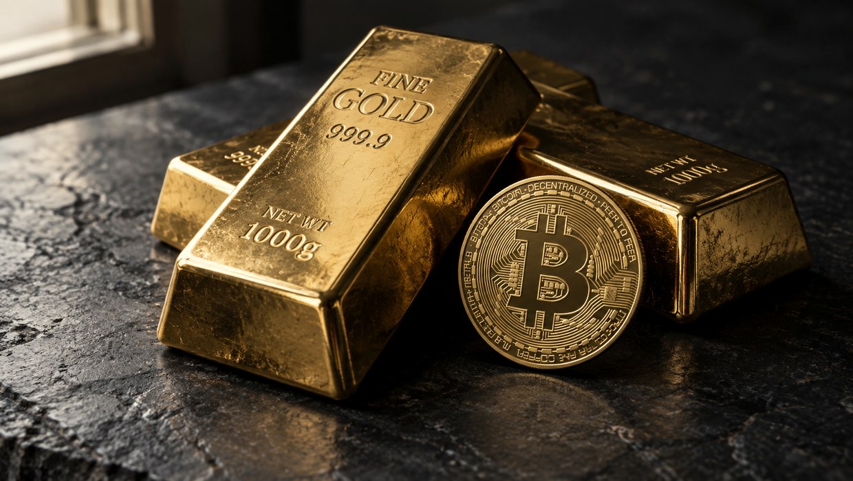Gold bullion beside a physical bitcoin on a dark surface