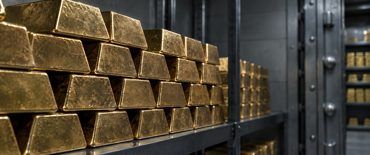 Stacked gold bars in a vault