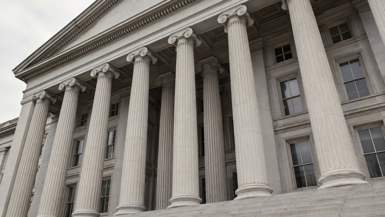The US Treasury building seen through overcast light