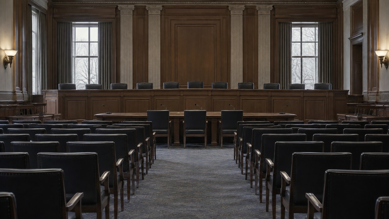 An empty hearing room with rows of chairs facing a raised dais