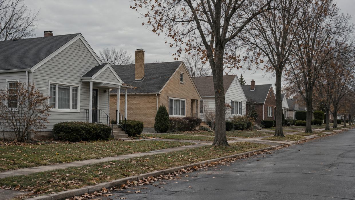 Suburban houses under an overcast sky